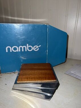 nambe MCM style wood & metal twist coaster set of 3
